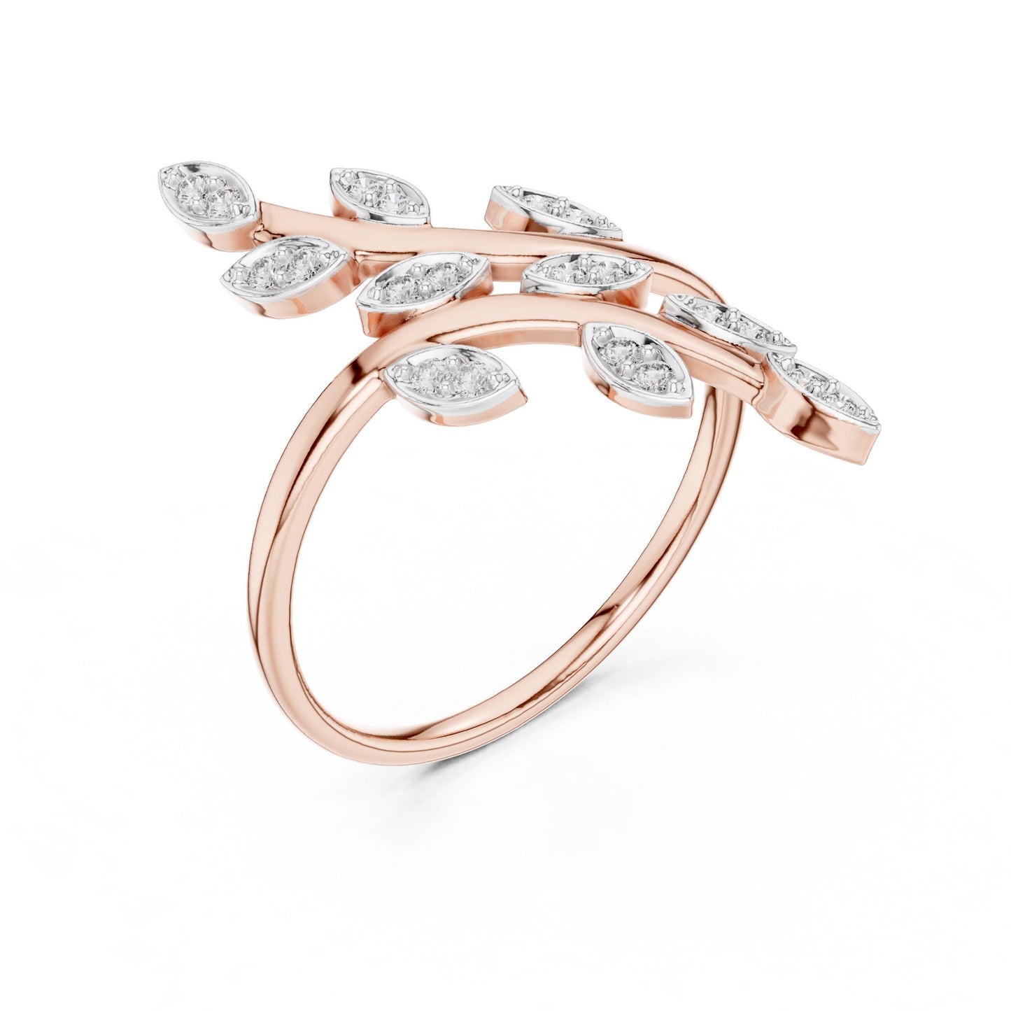 Rose gold Moissanite leaf branch ring with vine design, botanical jewelry featuring nature-inspired floral accents for women.