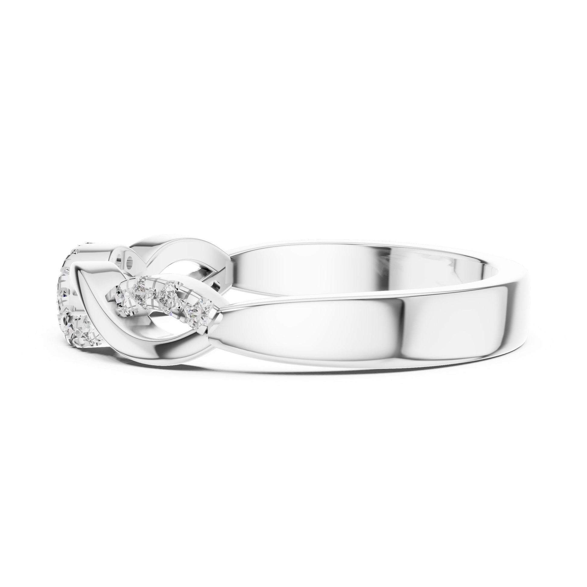 Riora Infinity Twist Moissanite diamond ring for women in rose gold, minimalist wedding band with twisted design and sparkling stones.