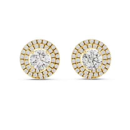 Riora luxury halo moissanite diamond stud earrings featuring round sparkling bridal wedding jewelry for women