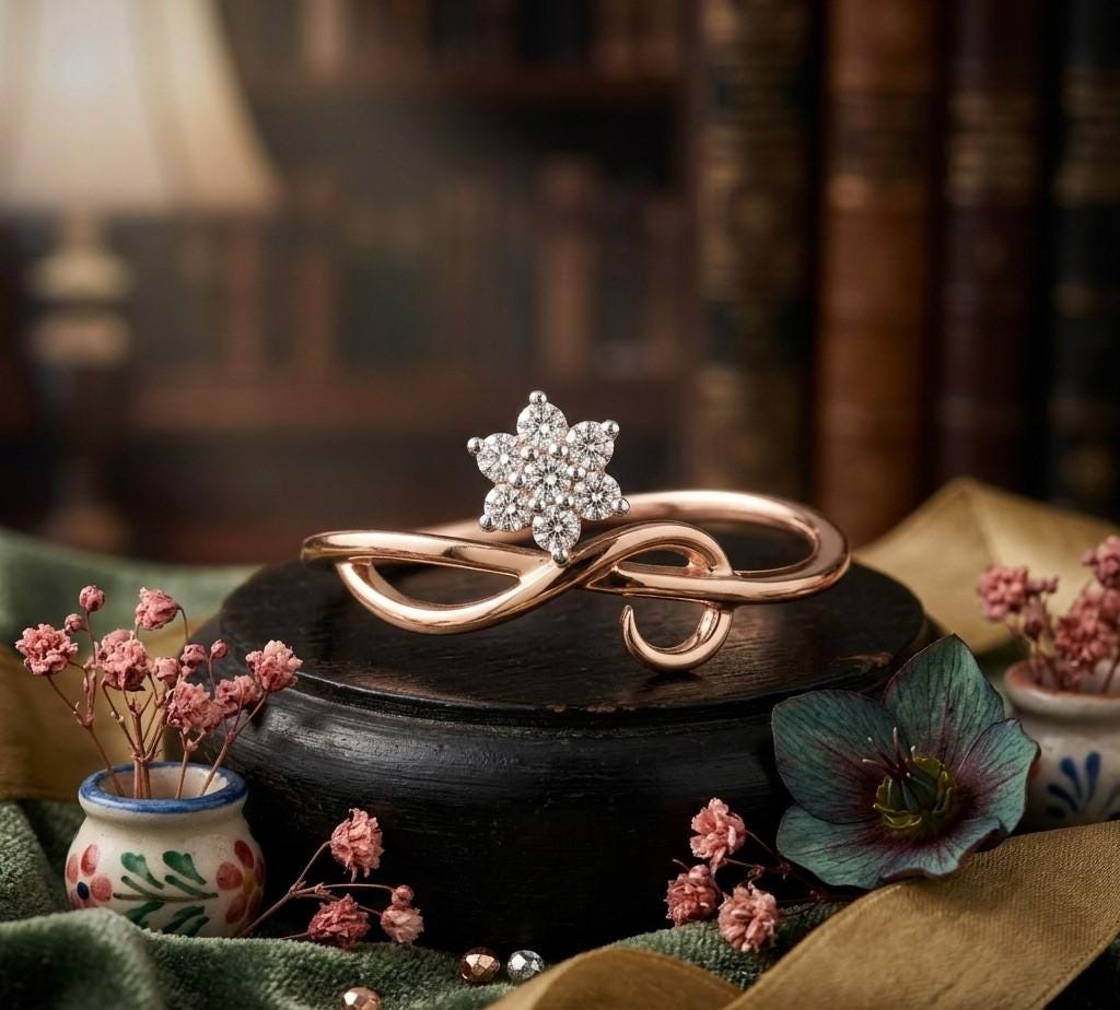 Riora Moissanite infinity flower ring with delicate floral cluster design in rose gold and silver, minimalist and elegant jewelry.