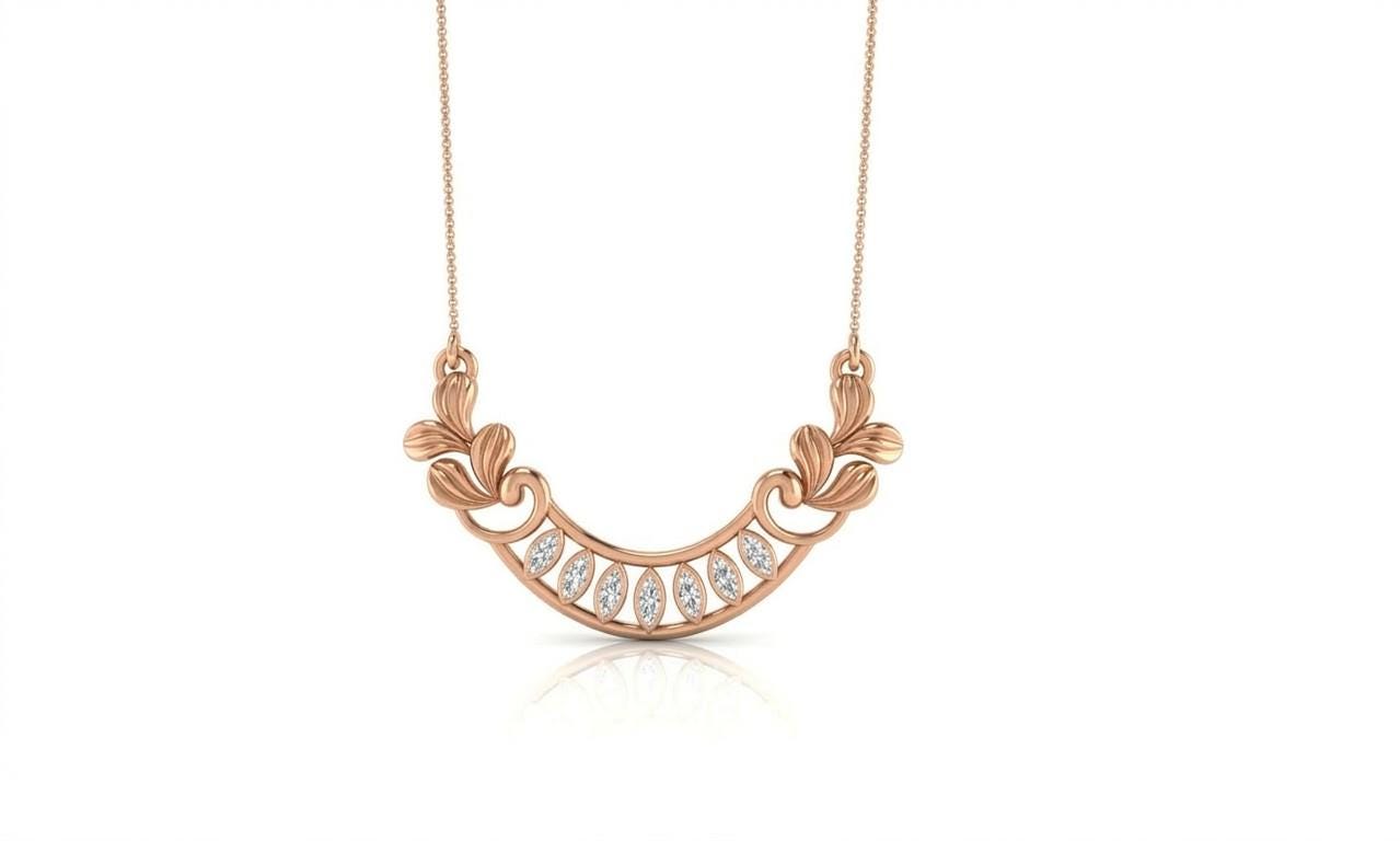 Riora moissanite crescent necklace in gold, rose gold, and silver with elegant bridal jewelry design on a white background.