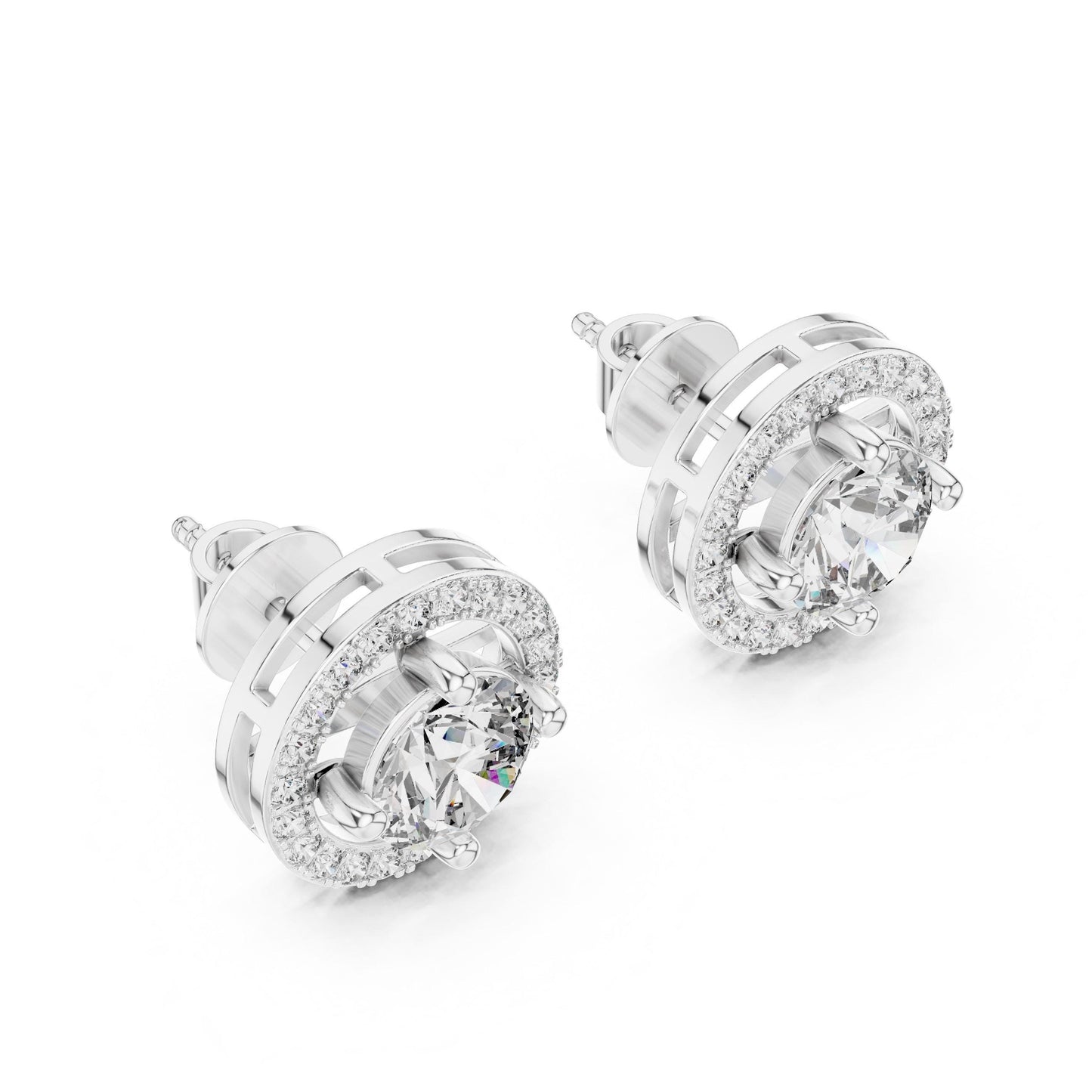 Riora 6.5mm moissanite diamond halo stud earrings in gold and rose gold, bridal wedding jewelry with sparkling gemstone accents.
