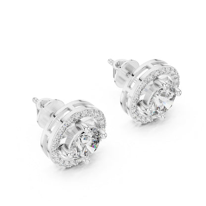 Riora 6.5mm moissanite diamond halo stud earrings in gold and rose gold, bridal wedding jewelry with sparkling gemstone accents.
