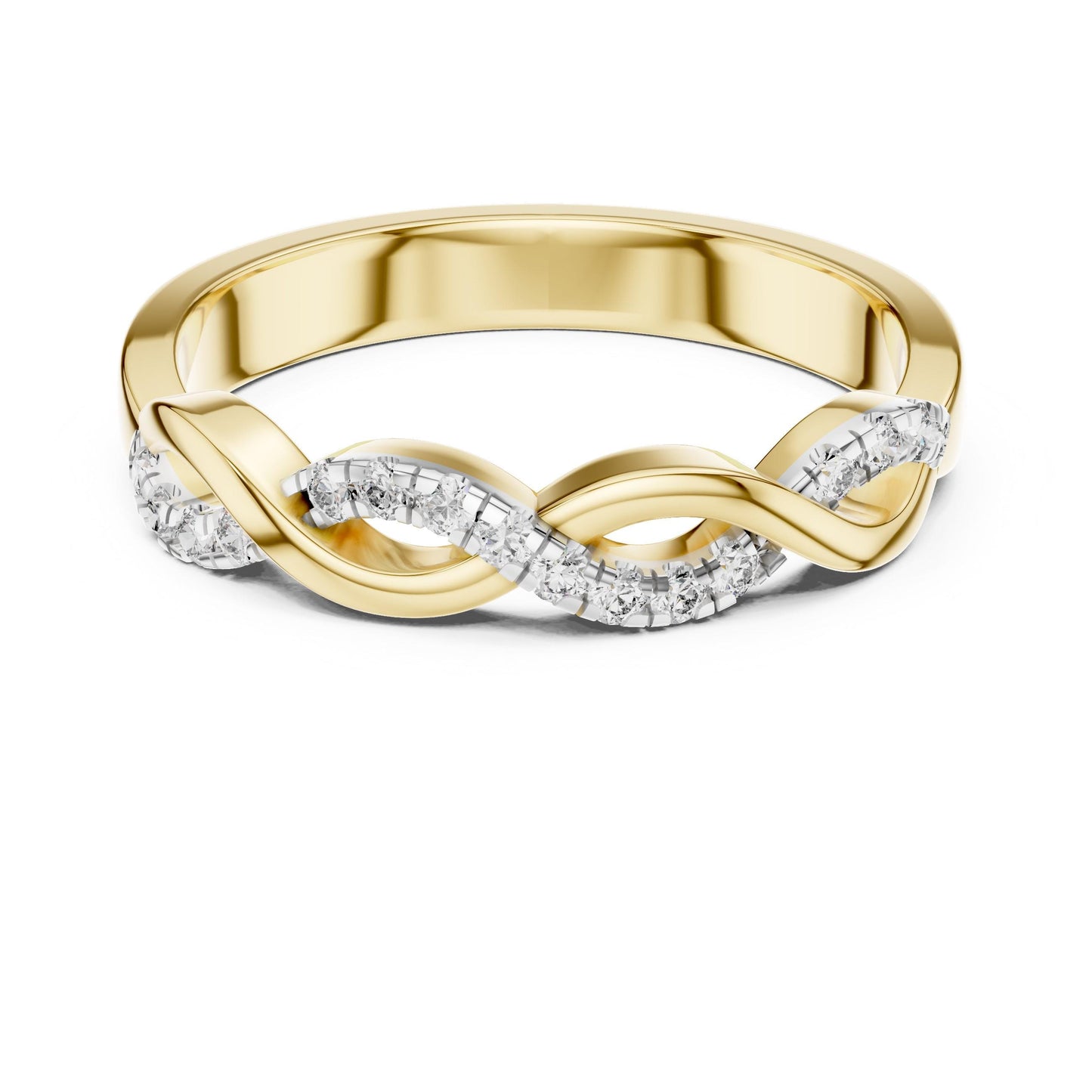 Rose gold Infinity Twist Moissanite diamond ring for women, featuring a minimalist design and elegant promise or wedding band style.