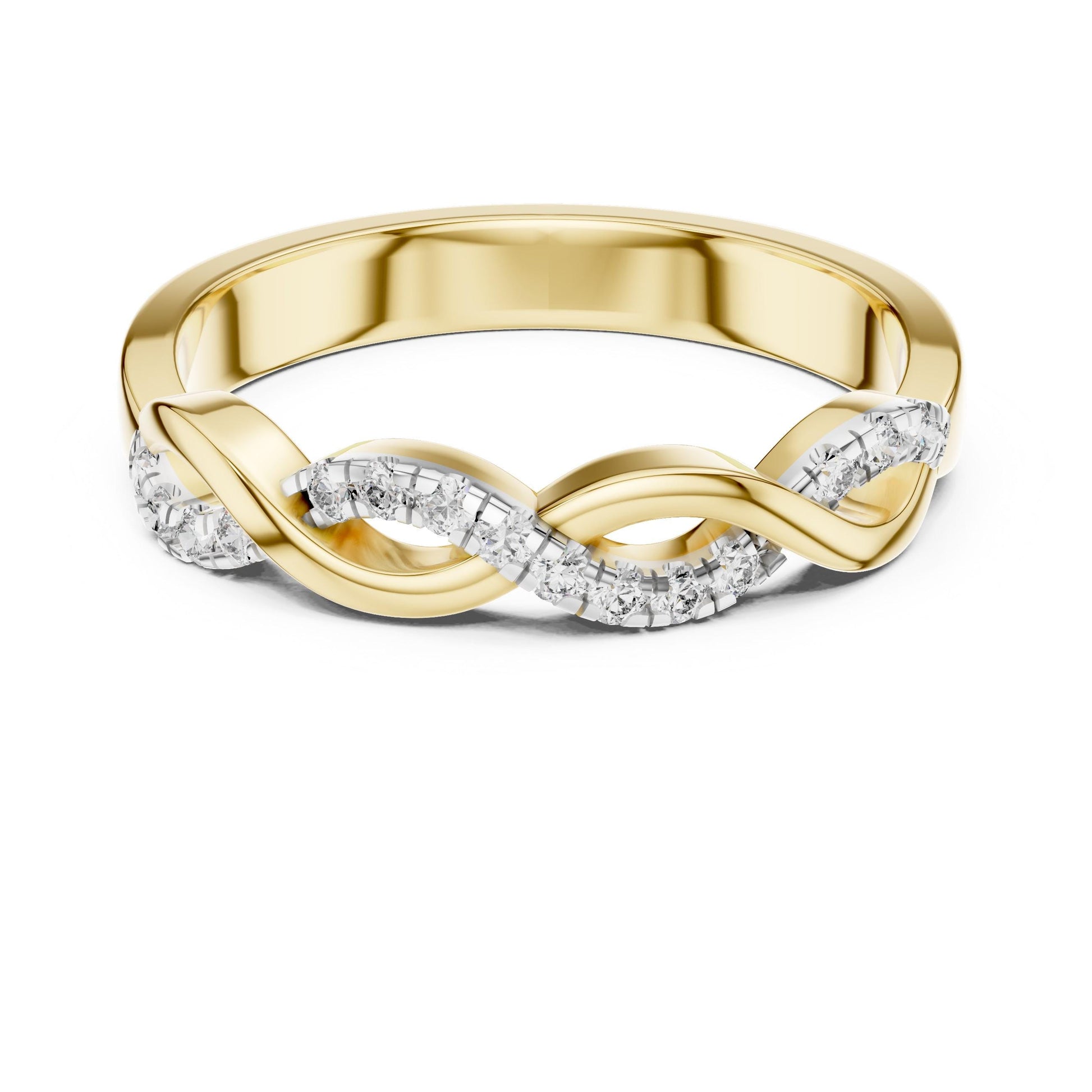 Rose gold Infinity Twist Moissanite diamond ring for women, featuring a minimalist design and elegant promise or wedding band style.