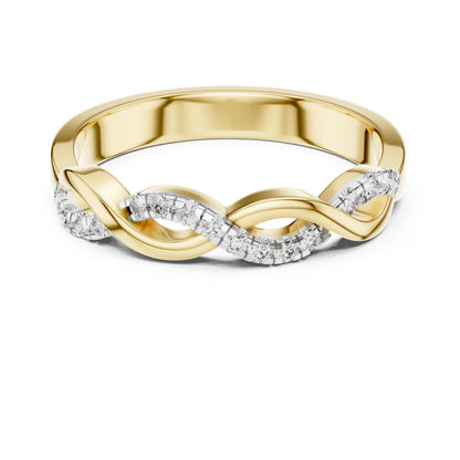 Rose gold Infinity Twist Moissanite diamond ring for women, featuring a minimalist design and elegant promise or wedding band style.