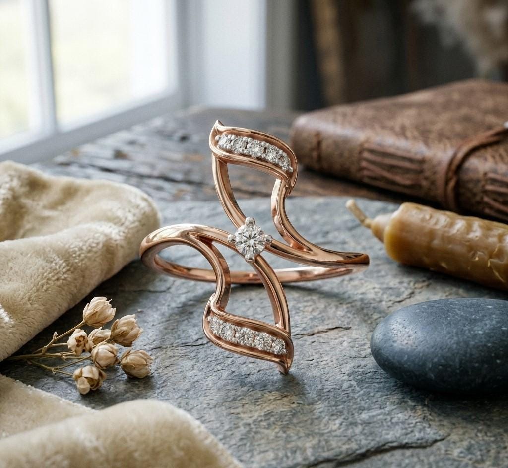 Riora moissanite leaf twist ring with rose gold finish, featuring a nature-inspired vine design for minimalist wedding jewelry.