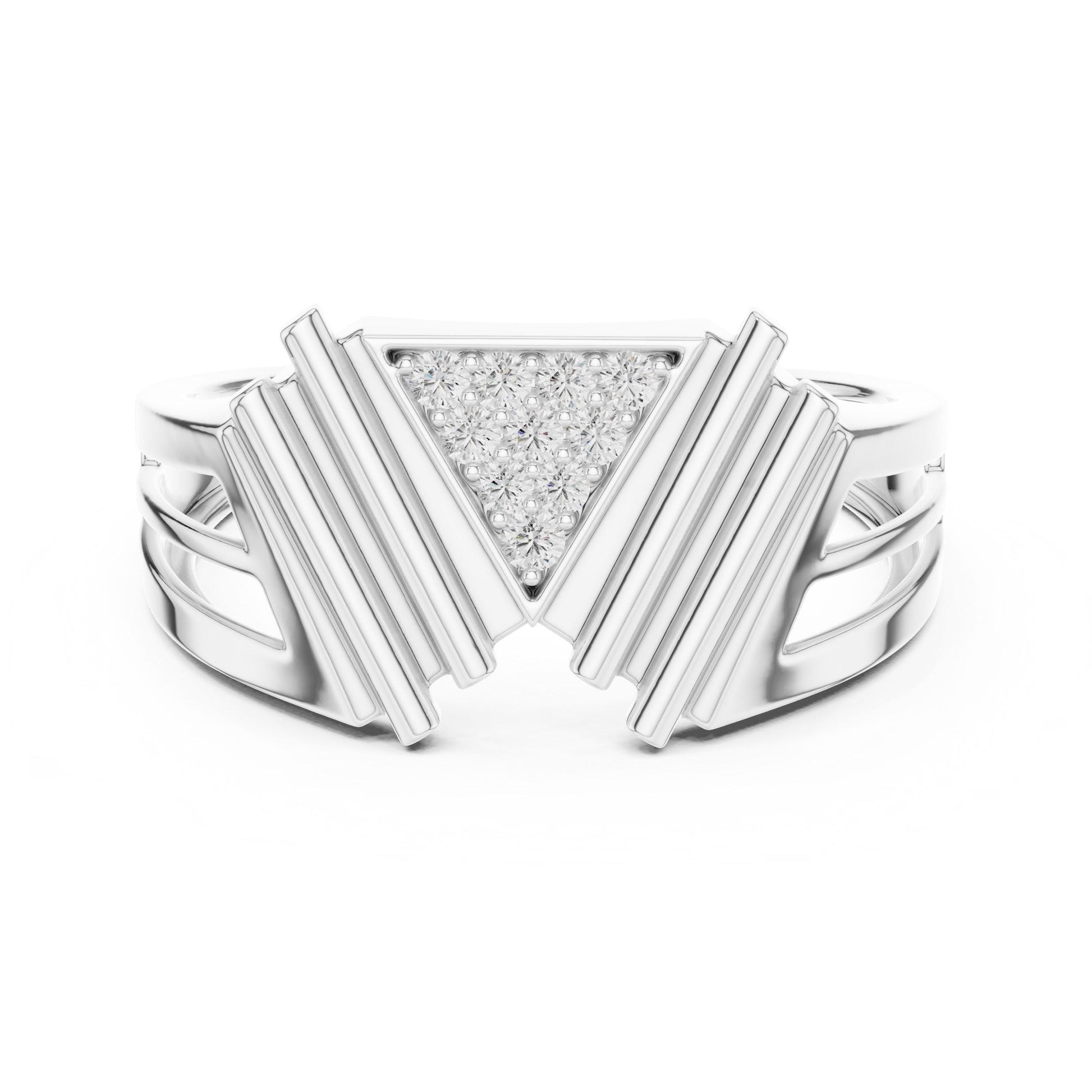 Rose gold geometric triangle moissanite diamond ring by Riora, minimalist modern design, perfect for women’s promise or gift.