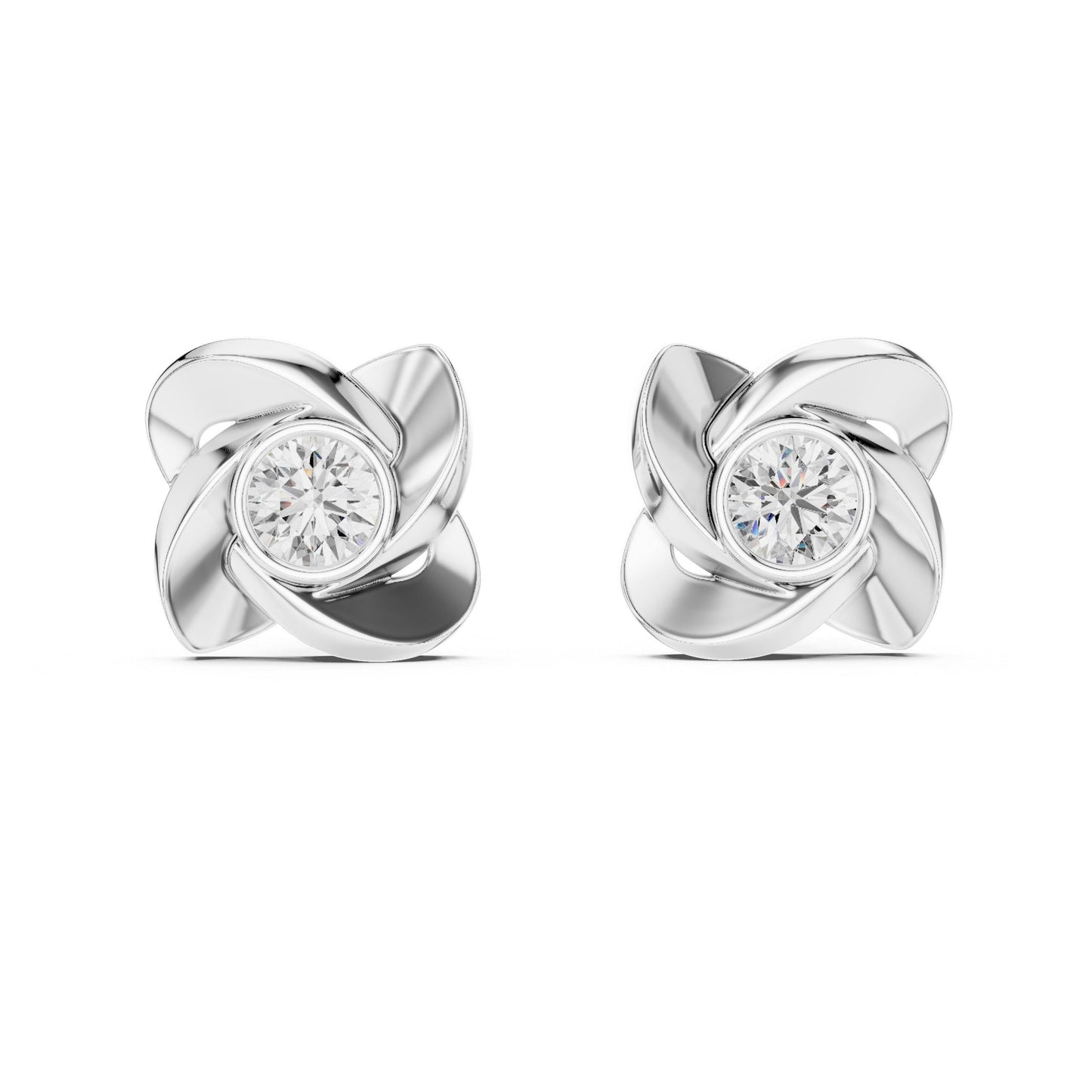 Riora floral moissanite diamond stud earrings in gold, rose, and silver with minimalist flower design, perfect for bridal jewelry.