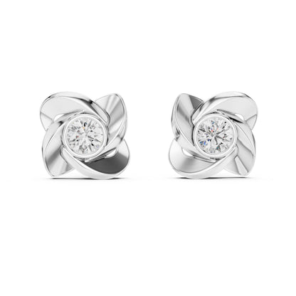 Riora floral moissanite diamond stud earrings in gold, rose, and silver with minimalist flower design, perfect for bridal jewelry.