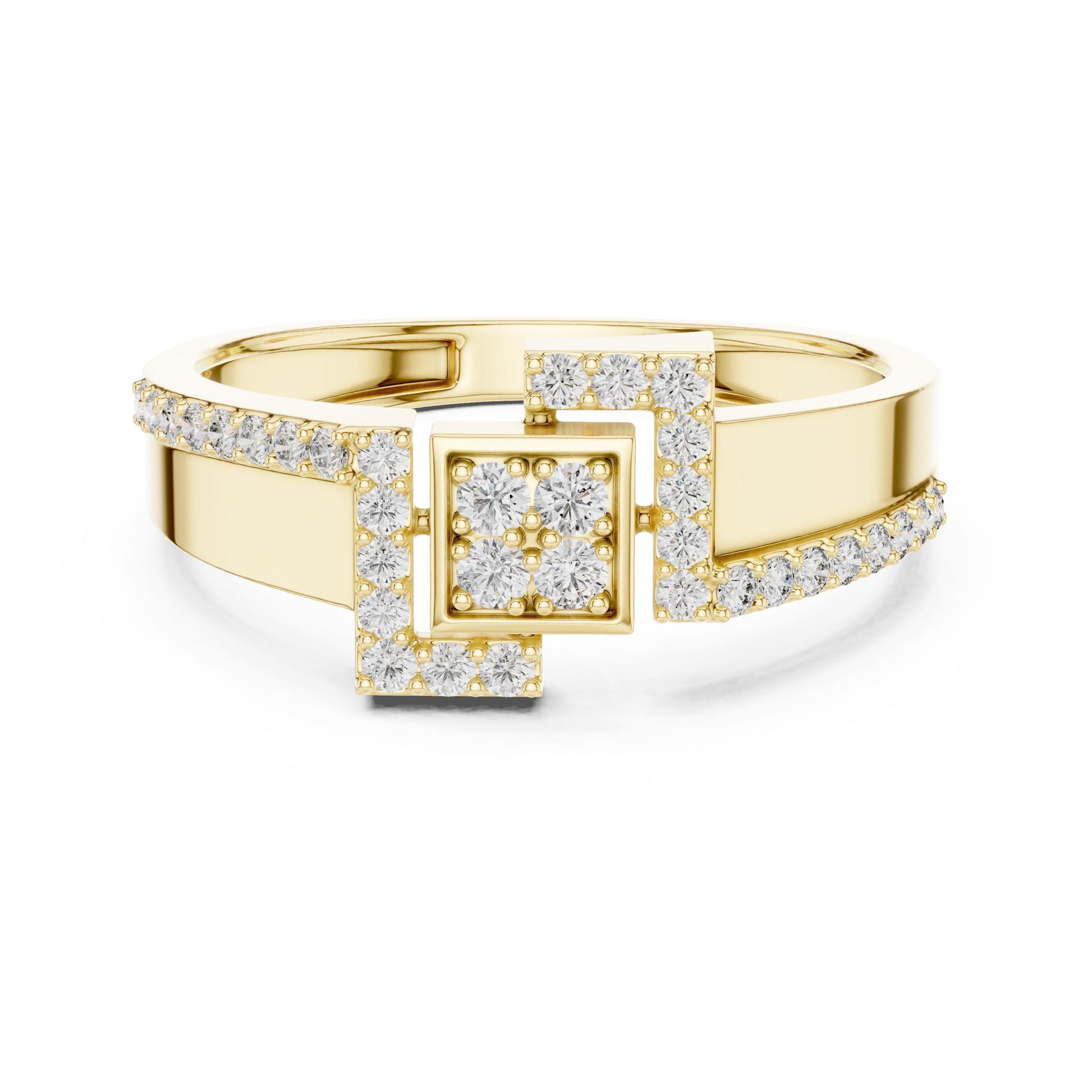 Riora luxury moissanite geometric ring with gold and silver minimalist band, modern dainty engagement or promise jewelry.