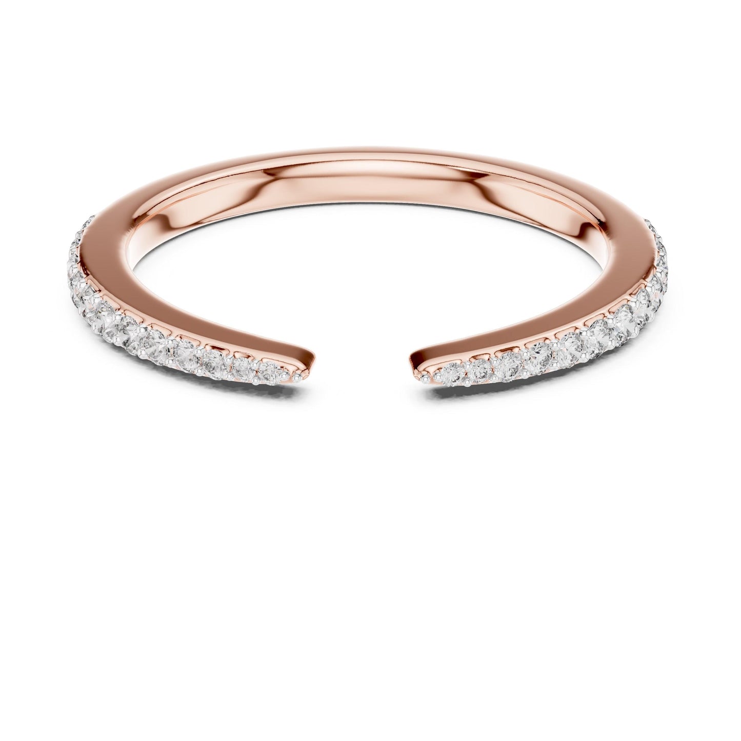 Rose gold open cuff moissanite ring with diamond-style accents and half eternity design, adjustable for a minimalist elegant look.