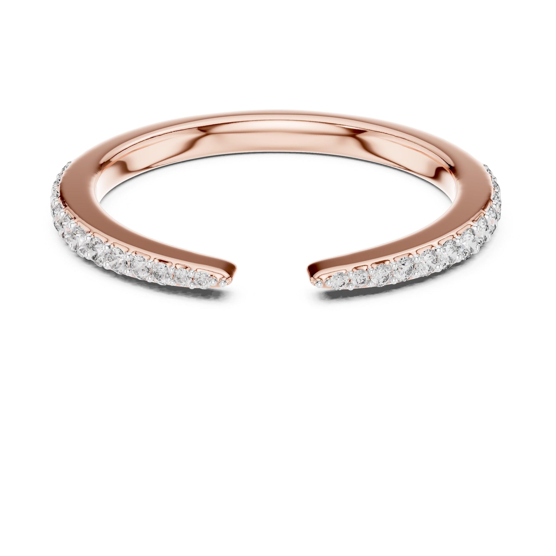 Rose gold open cuff moissanite ring with diamond-style accents and half eternity design, adjustable for a minimalist elegant look.