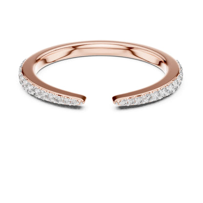 Rose gold open cuff moissanite ring with diamond-style accents and half eternity design, adjustable for a minimalist elegant look.