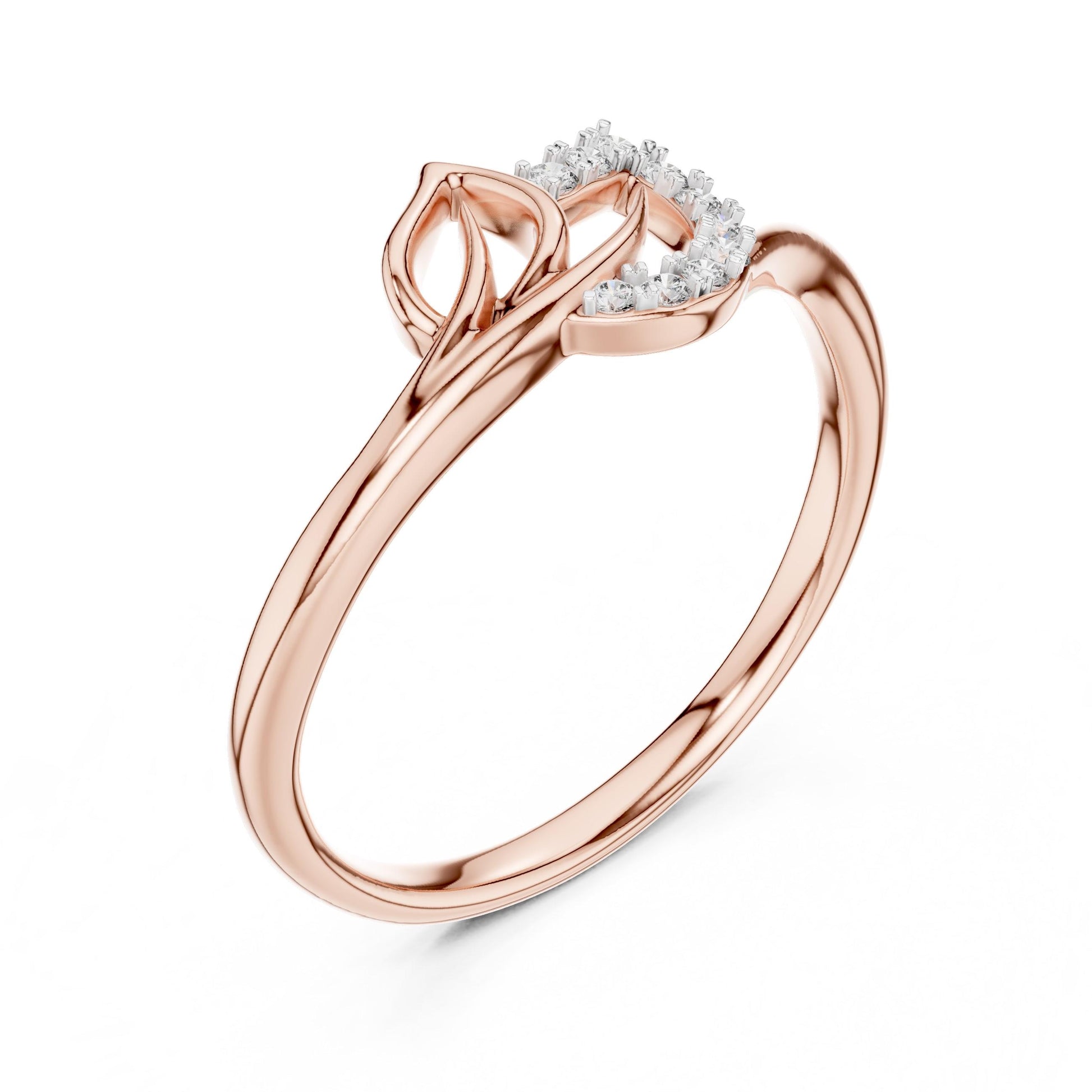 Rose gold Leaf Moissanite ring with nature-inspired band, minimalist design, featuring a sparkling moissanite stone as a diamond alternative.