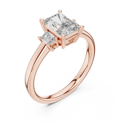Riora radiant emerald cut cubic zirconia engagement ring in gold, rose, and silver with a sleek, elegant design for bridal jewelry.
