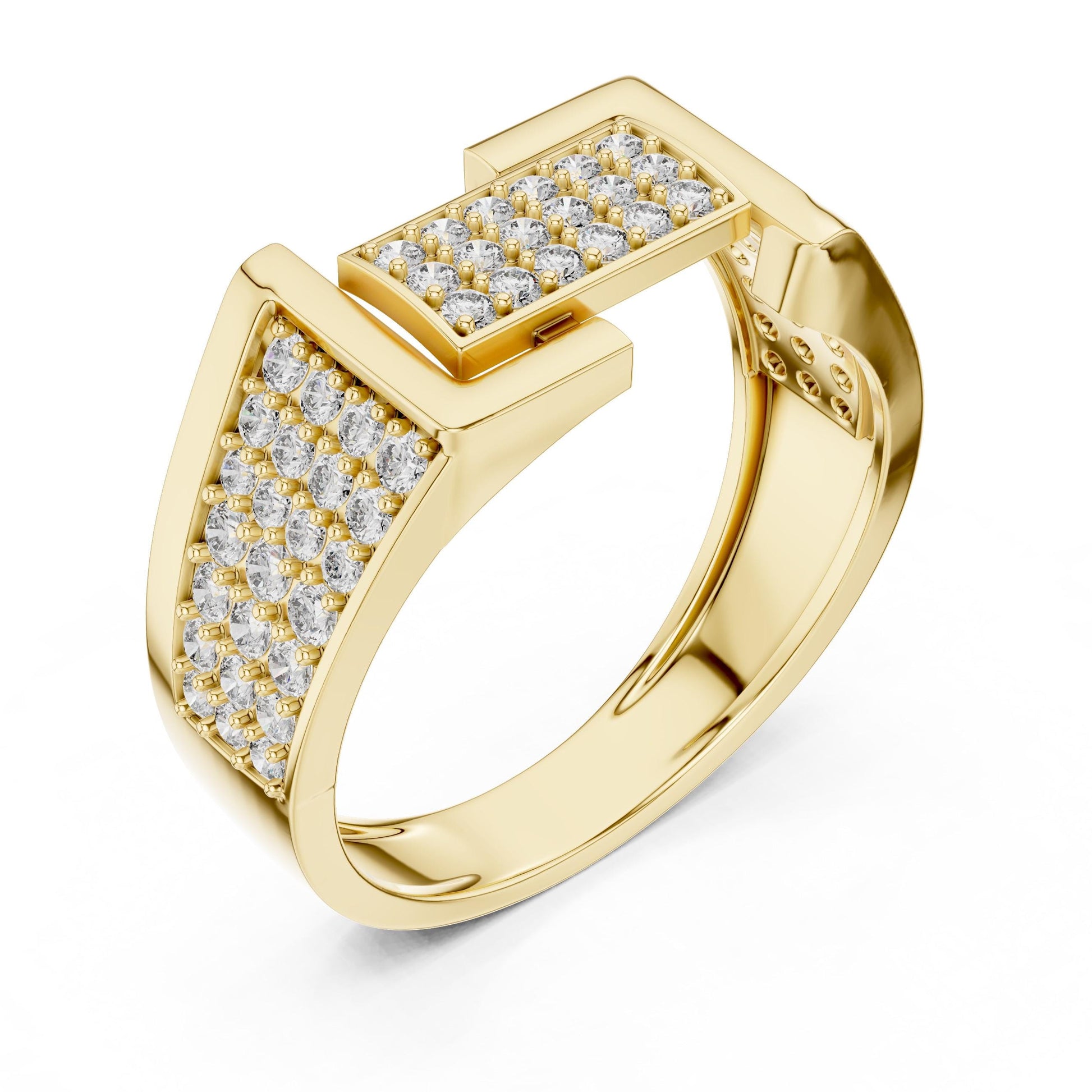 Riora geometric CZ wide gold rose band ring with statement design, ideal for wedding, anniversary, or Valentine's gift.