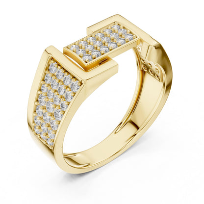Riora geometric CZ wide gold rose band ring with statement design, ideal for wedding, anniversary, or Valentine's gift.