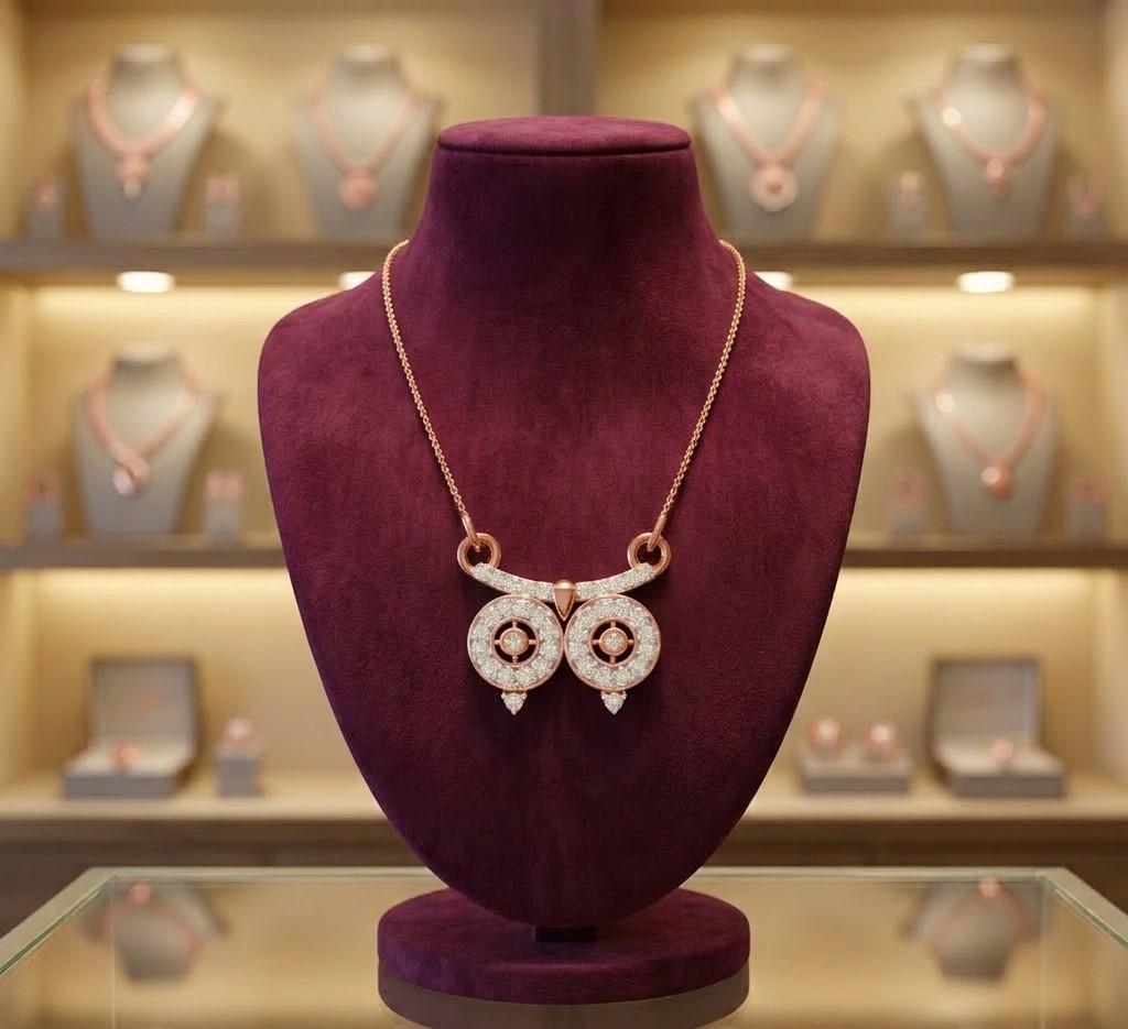 Rose gold owl moissanite necklace with a dainty pendant, elegant jewelry design perfect for women and gift-giving.