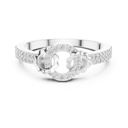 Riora infinity halo moissanite diamond ring with interlocking promise band, minimalist design for engagement or wedding jewelry.