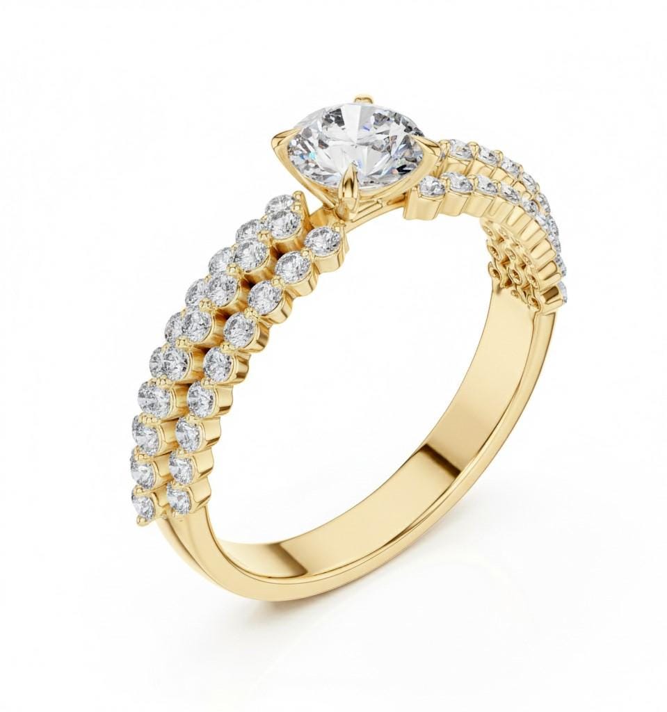 Cubic Zirconia Engagement Ring – Triple Pavé Band | Gold, Rose Gold & Silver