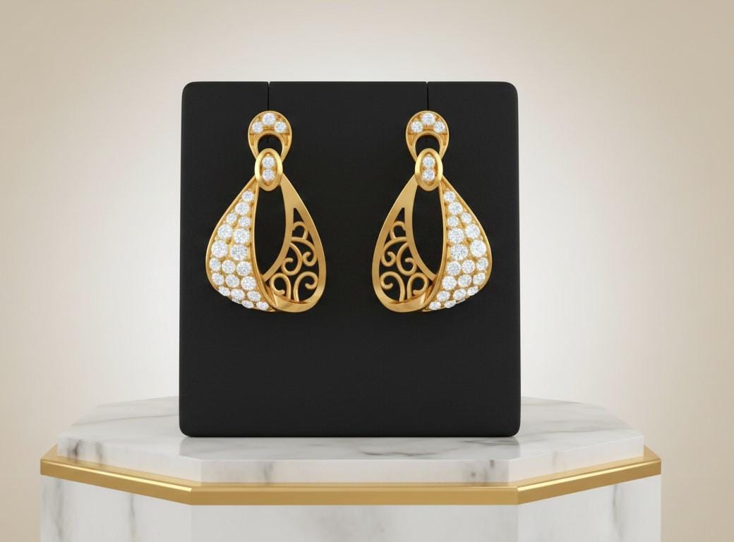 Riora moissanite drop stud earrings in gold, silver, and rose gold with elegant dangle design, perfect for bridal or gift occasions