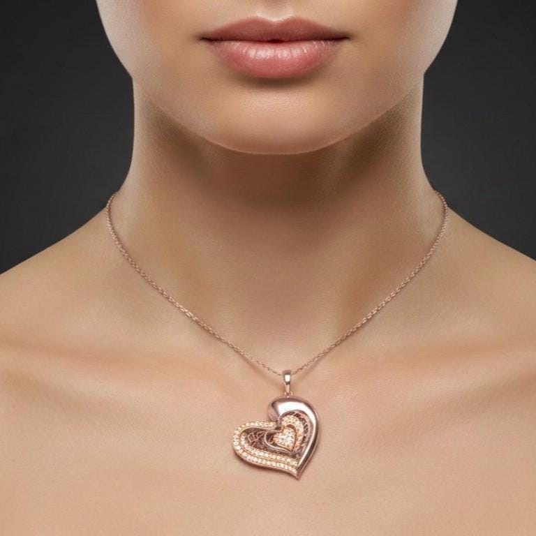 Moissanite Heart Pendant Necklace – Rose Gold Filigree, Adjustable Chain