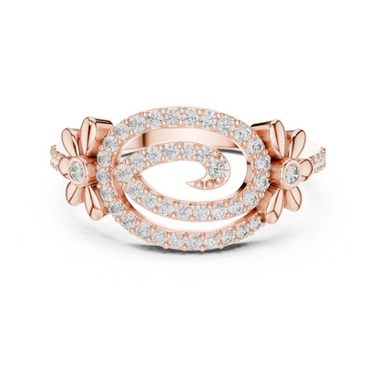 Riora floral swirl moissanite diamond engagement ring in rose gold with vintage-inspired design and intricate floral details.