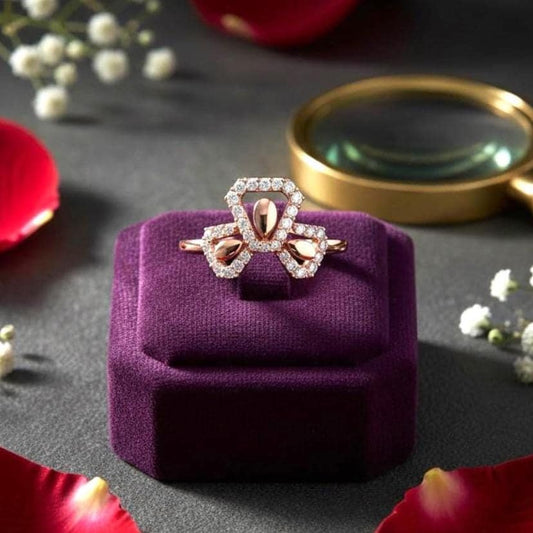 Riora rose gold moissanite diamond ring with a delicate bow knot design, minimalist bridal jewelry perfect for a dainty promise ring.