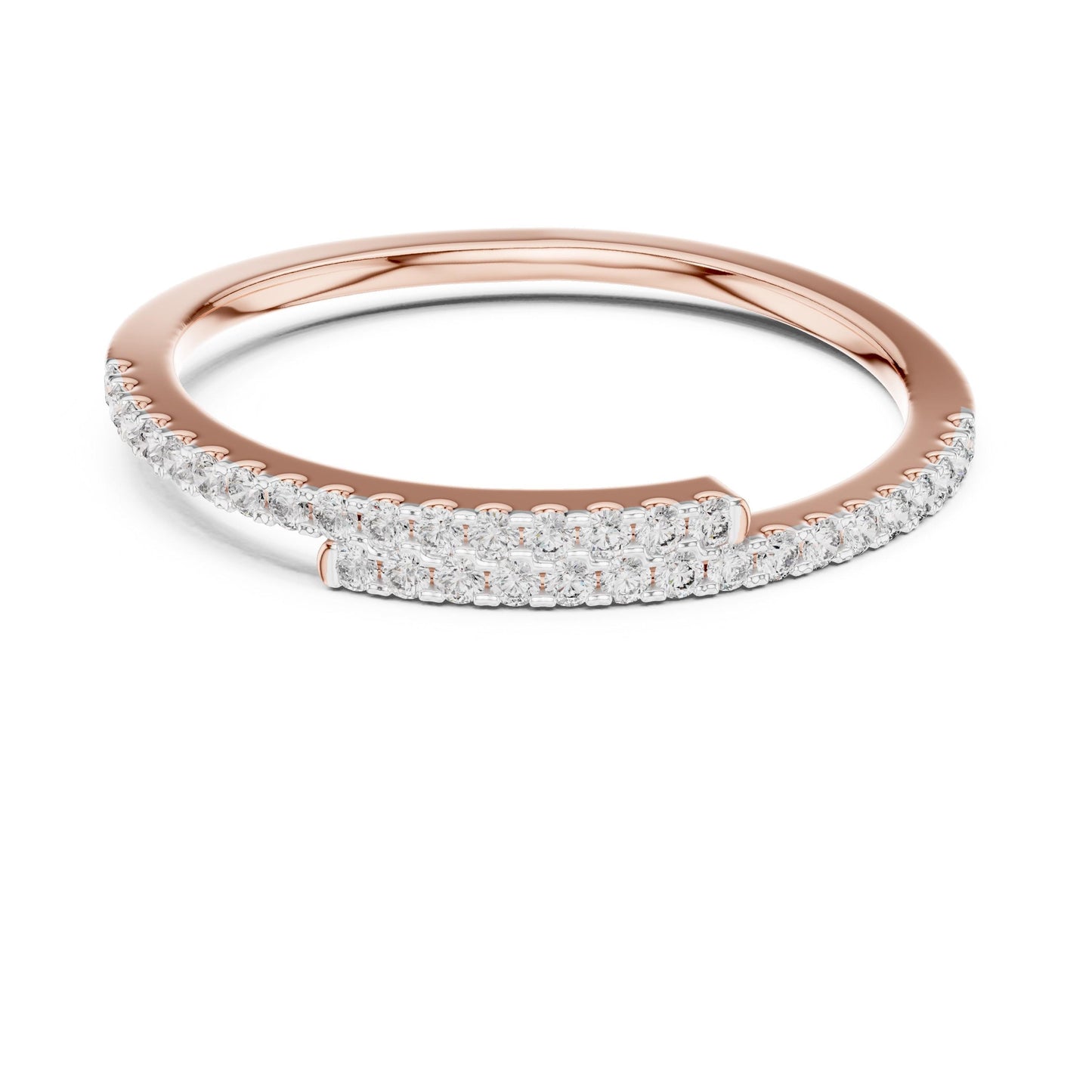 Rose gold moissanite curved wedding band with half eternity diamond style design, minimalist stacking ring by Riora.
