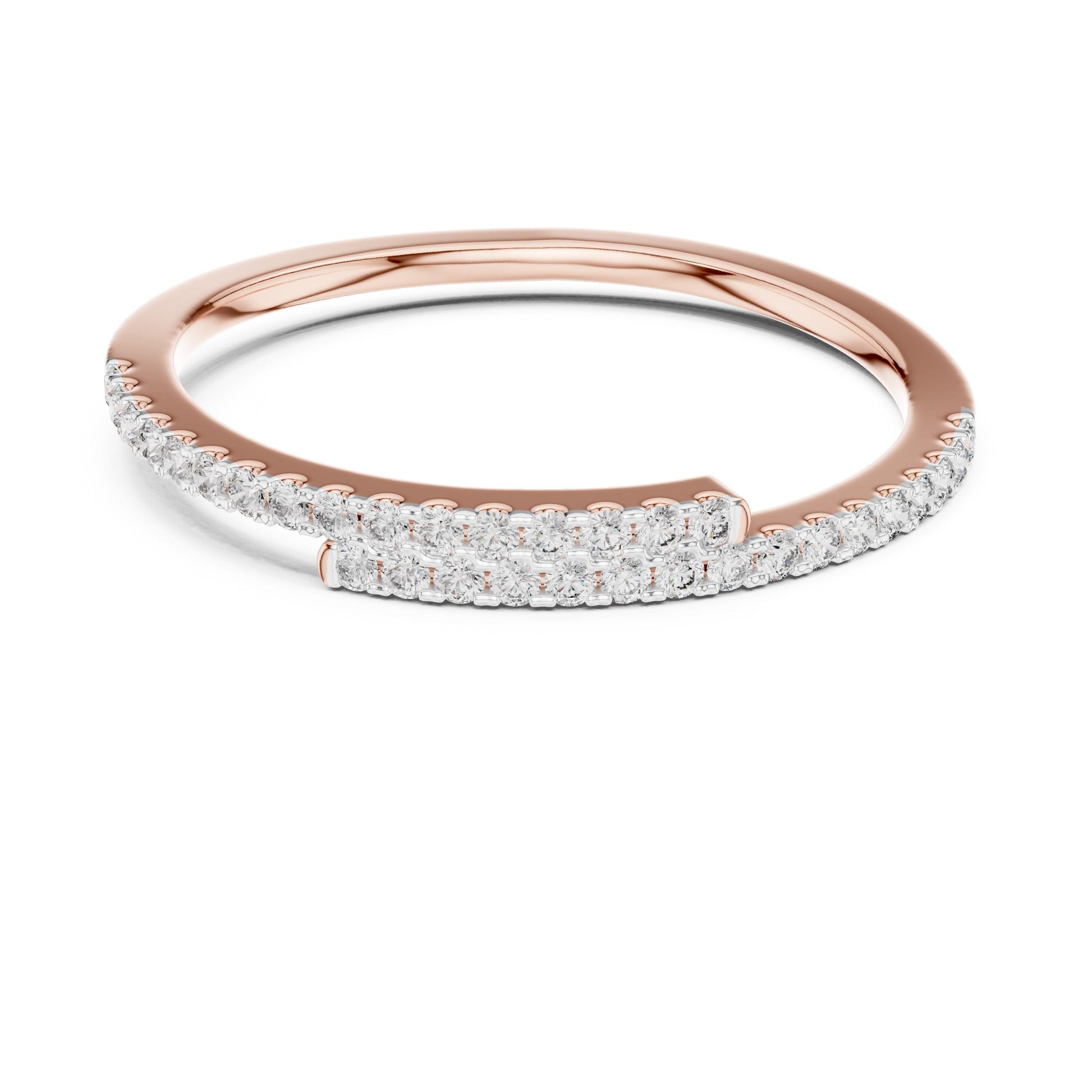 Rose gold moissanite curved wedding band with half eternity diamond style design, minimalist stacking ring by Riora.