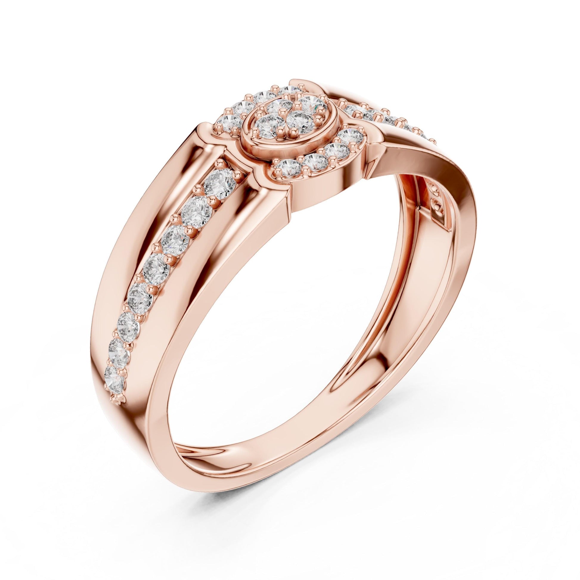 Elegant rose gold diamond halo ring by Riora featuring a dainty design, perfect for engagement or bridal jewelry.
