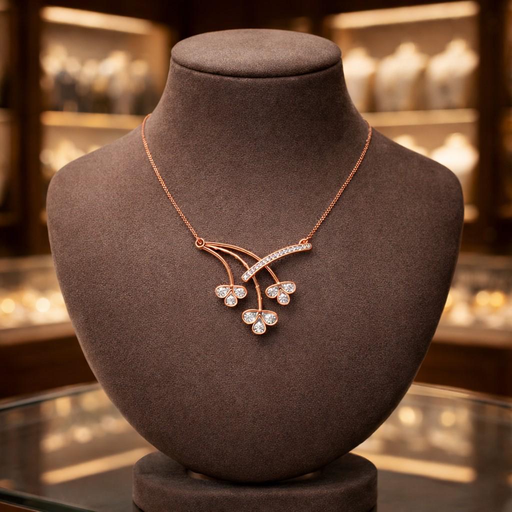 Riora Moissanite floral branch necklace with diamond flower pendant in gold rose gold, delicate bridal jewelry for weddings
