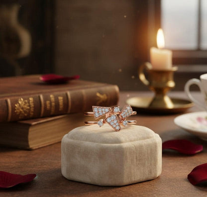 Geometric moissanite diamond statement ring in rose gold, modern bold designer jewelry for women by Riora.