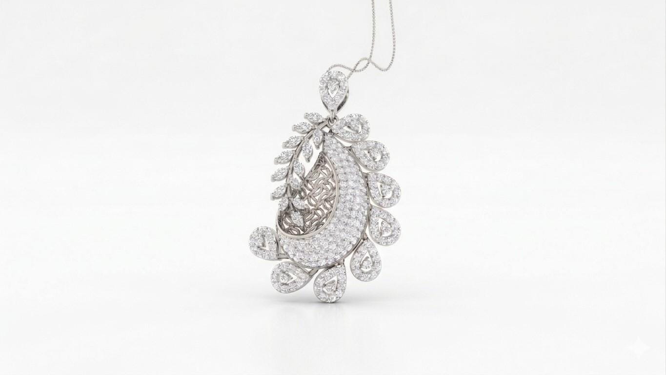 Riora paisley moissanite diamond pendant necklace with teardrop design, elegant jewelry for women, perfect for weddings or special occasions.