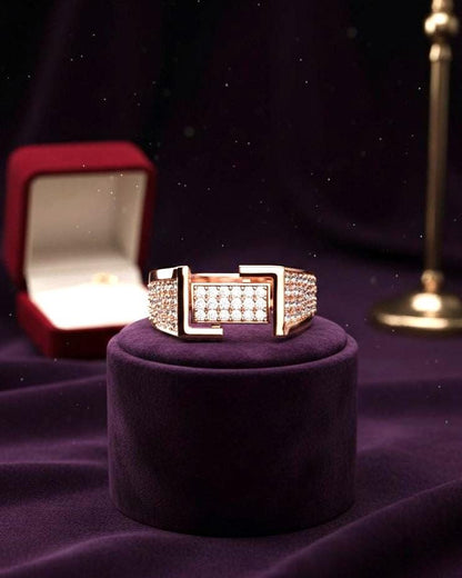Riora geometric CZ wide gold rose band ring with luxury statement design, perfect for wedding, promise, or anniversary gift.