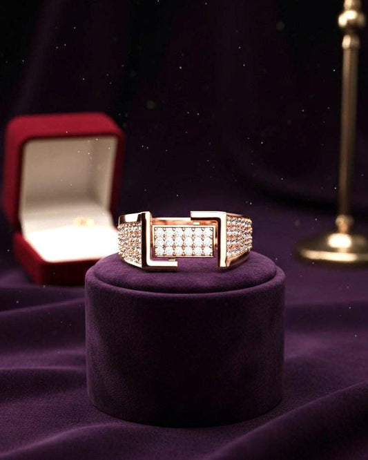 Riora geometric CZ wide gold rose band ring with luxury statement design, perfect for wedding, promise, or anniversary gift.