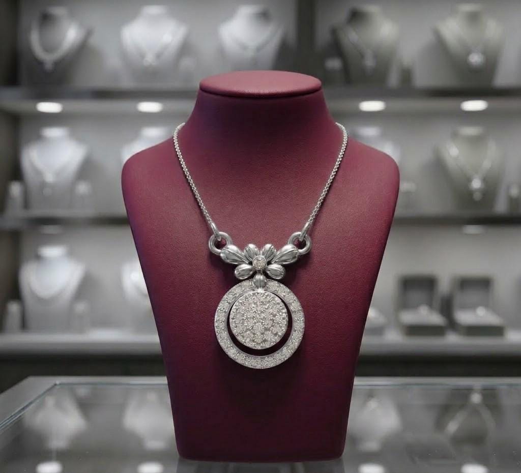 Riora Moissanite floral halo pendant necklace in rose gold with adjustable chain, elegant bridal statement jewelry.