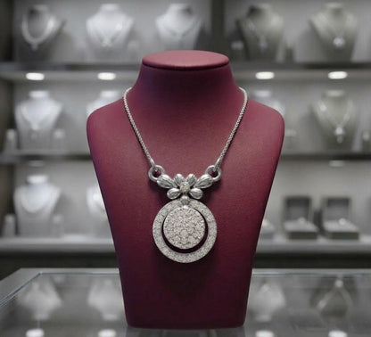 Riora Moissanite floral halo pendant necklace in rose gold with adjustable chain, elegant bridal statement jewelry.