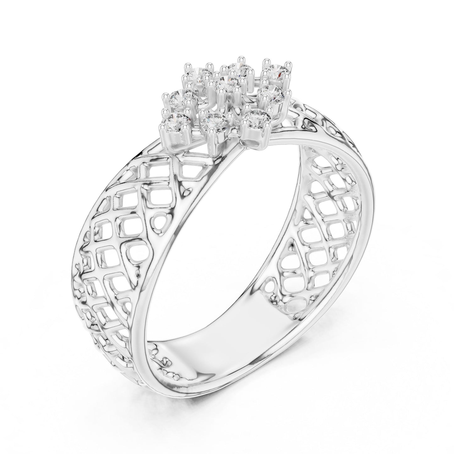 Riora moissanite cluster engagement ring with vintage lattice floral design in rose gold and silver, featuring sparkling diamond-style accents.