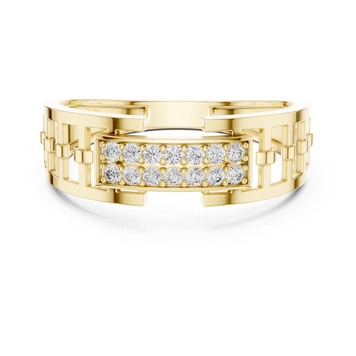 Wide CZ link band ring in gold, rose, silver with statement design, hypoallergenic jewelry for women by Riora.