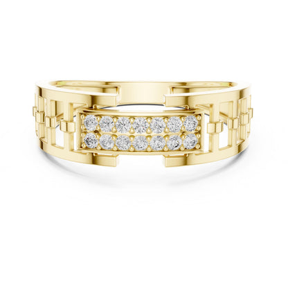 Wide CZ link band ring in gold, rose, silver with statement design, hypoallergenic jewelry for women by Riora.