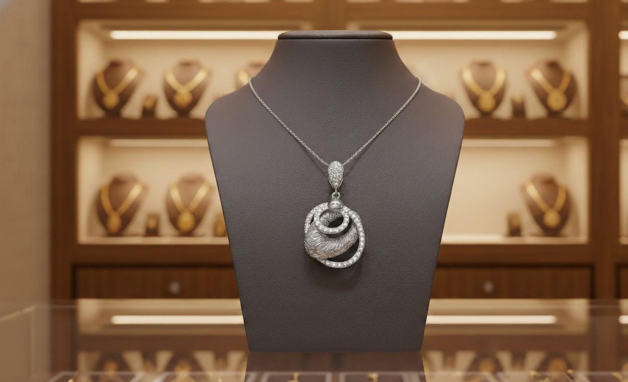 Moissanite Swirl Pendant Necklace, Rose Gold Silver, Adjustable Chain
