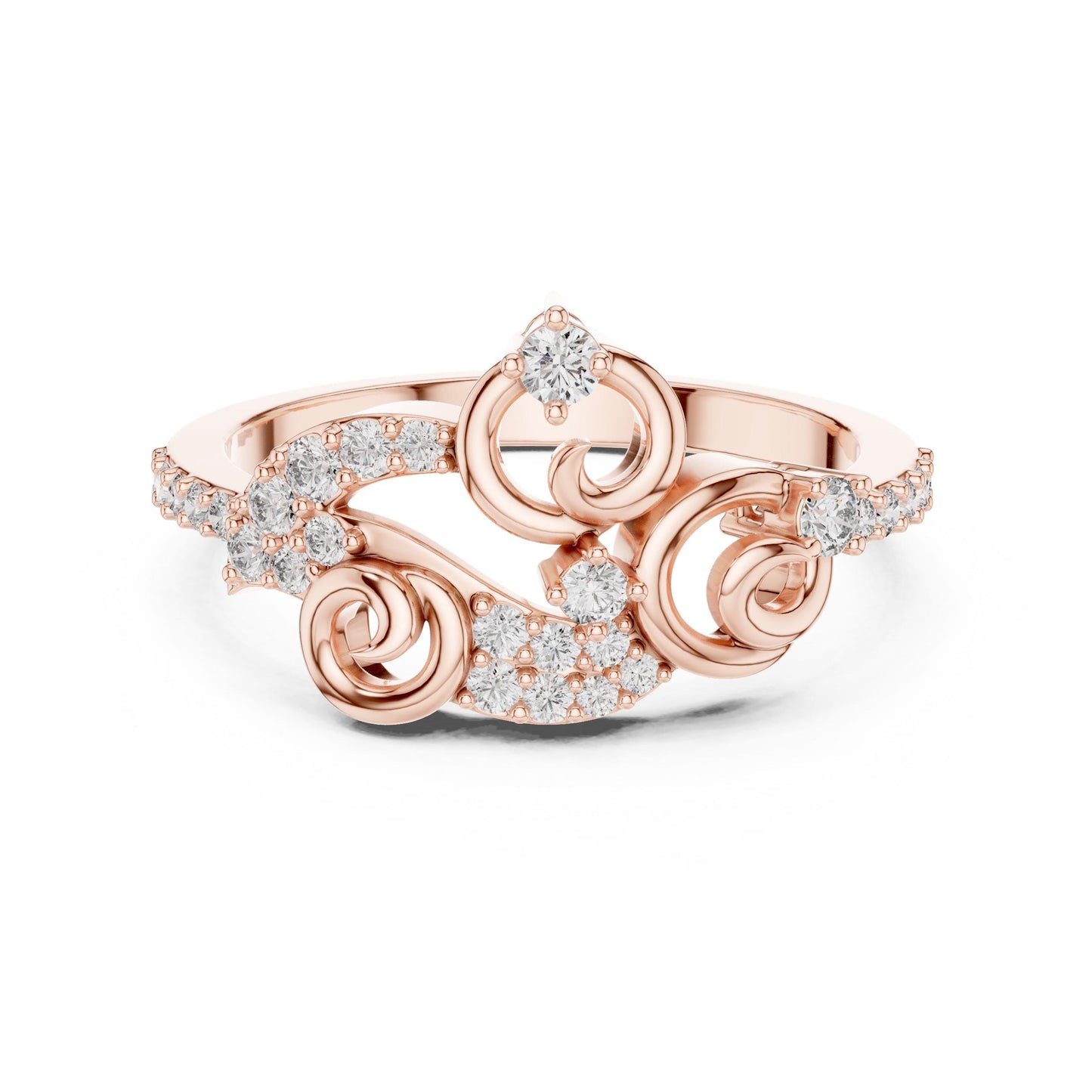 Rose gold swirl moissanite diamond ring for women with twisted band, elegant promise jewelry by Riora.