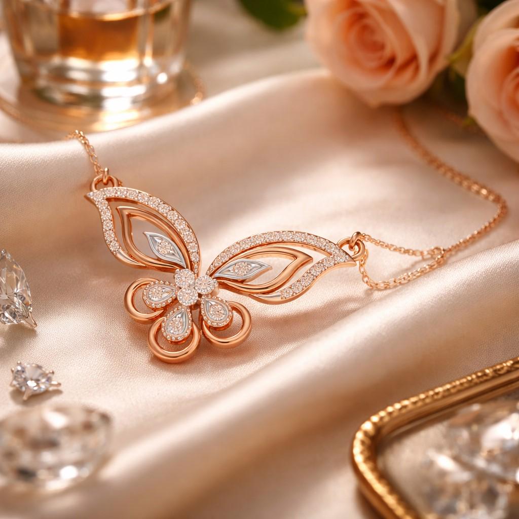 Rose gold butterfly moissanite necklace with elegant pendant and adjustable chain, featuring dainty luxury jewelry design.