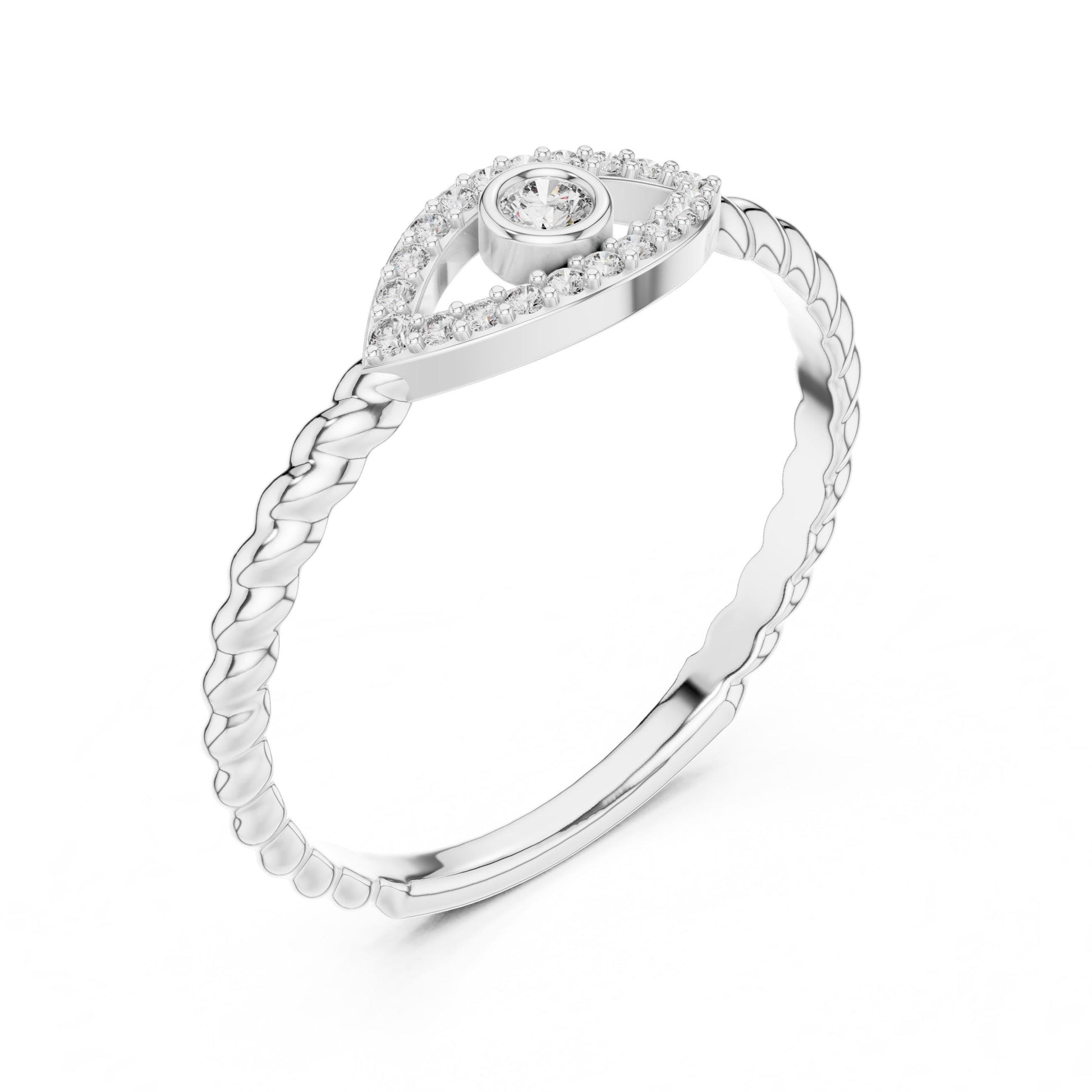 Riora Evil Eye Moissanite ring with rose gold band, minimalist eye jewelry, dainty stacking design, elegant and modern accessory