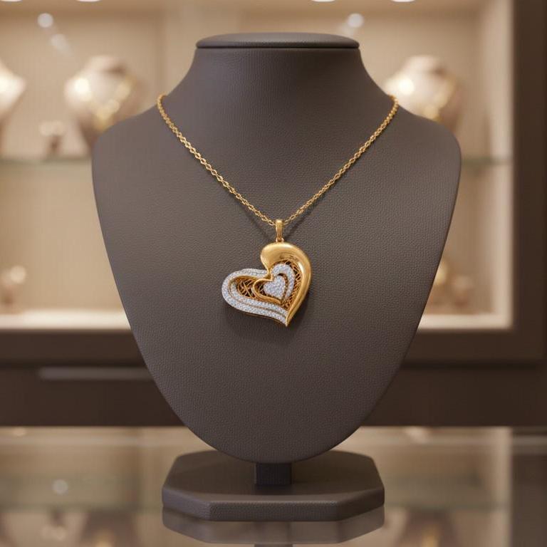 Moissanite Heart Pendant Necklace – Rose Gold Filigree, Adjustable Chain