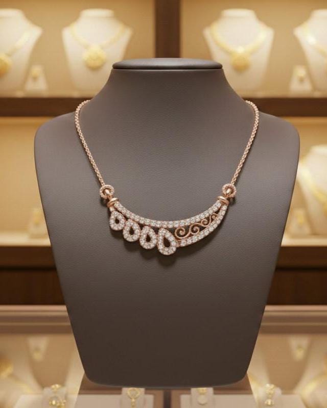 Rose gold moissanite teardrop necklace with elegant pendant, bridal jewelry perfect for weddings or special gift-giving.
