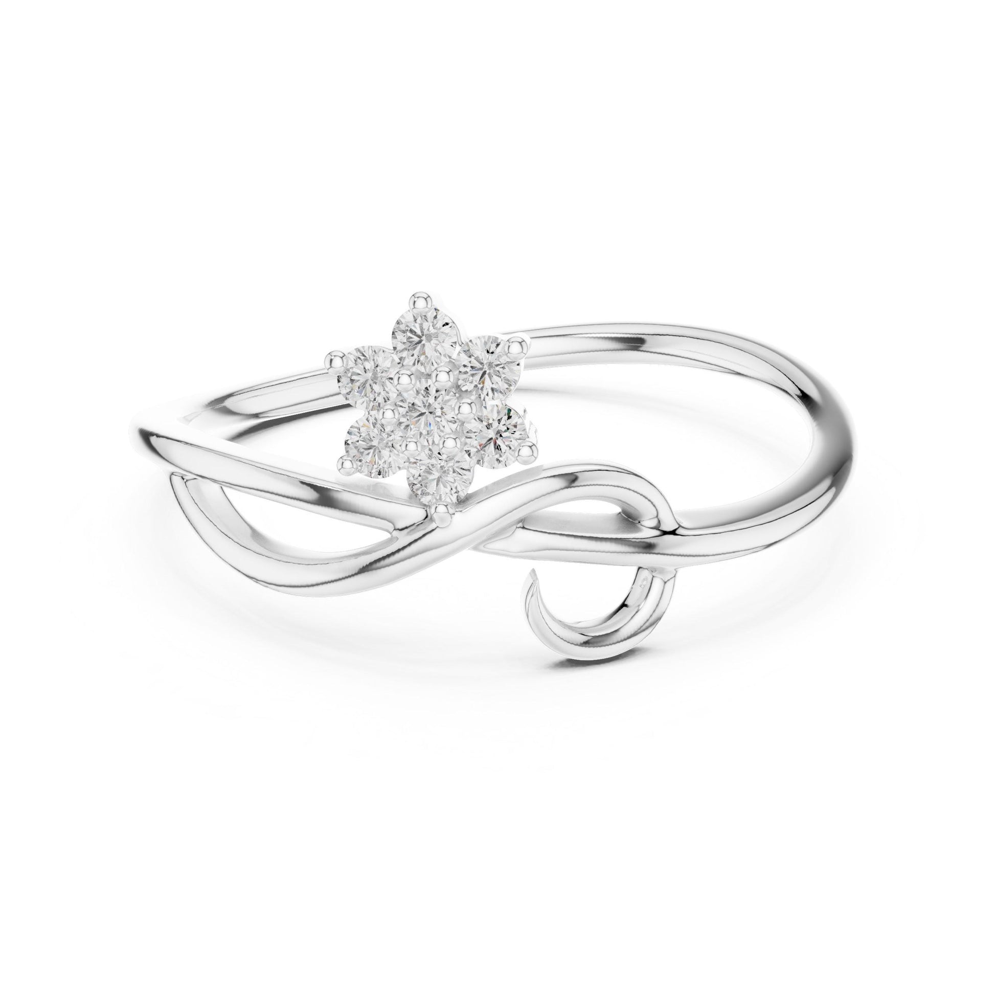 Riora Moissanite infinity flower ring with floral diamond cluster, delicate band in rose gold and silver, minimalist design.
