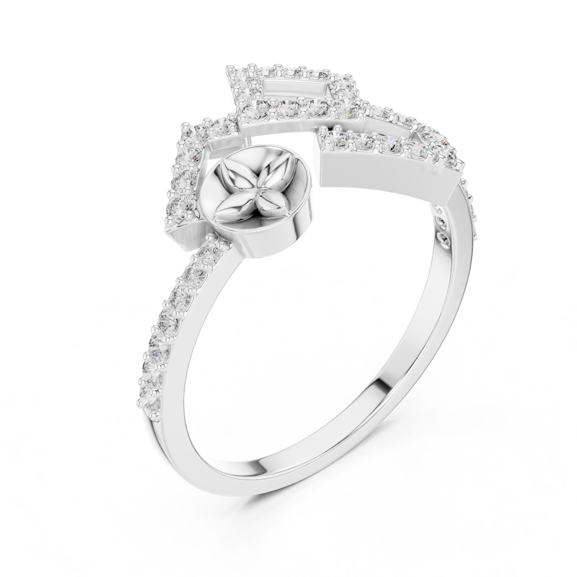 Gold geometric moissanite diamond statement ring by Riora featuring modern minimalist design and dainty luxury style.